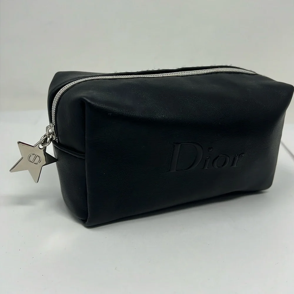 Dior Christian Dior Vegan Black Leather Zip Cosmetic Clutch Pouch